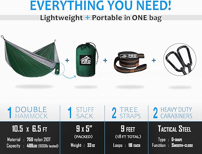 Camping Hammock 500 lb Capacity – Portable Double Hammock with Tree-Friendly Straps and Carabiners, Lightweight for Backpacking, Hiking, Travel, Beach, Backyard