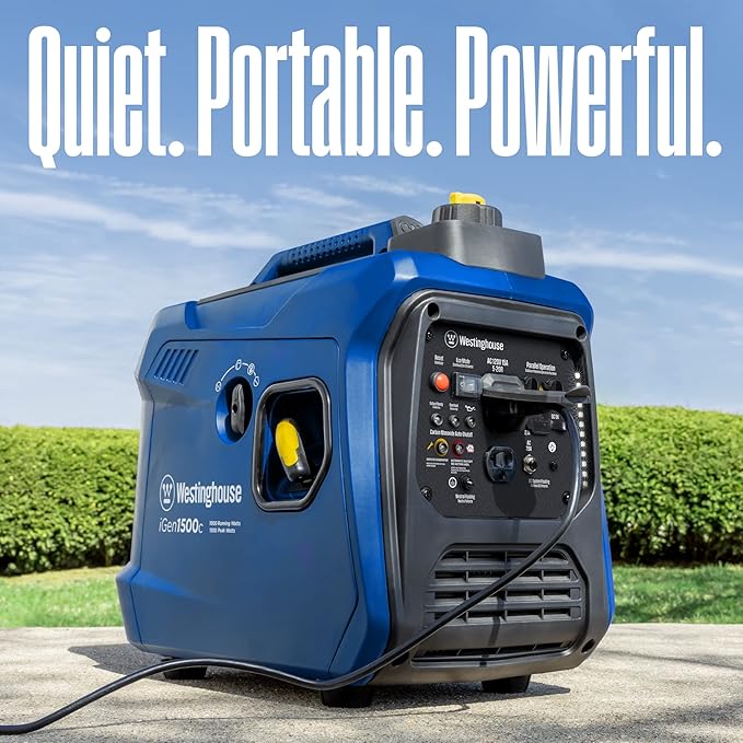 Westinghouse 1500 Peak Watt Super Quiet & Lightweight Portable Inverter Generator, Gas Powered, CO Sensor, Parallel Capable, Long Run Time,Blue
