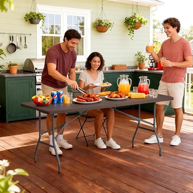 FDW 6 Foot Folding Table, Portable Plastic Table with Carrying Handle Perfect for Indoor, Outdoor, Party, Dining, Wedding, Events, Camping, Brown