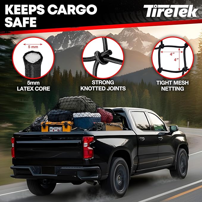 Cargo Net for Pickup Truck Bed (4'x6' Stretches to 8'x12') Double Thick Heavy Duty Pickup Truck Bed Organizer Accessories - 12 Metal Carabiners, Bungee Mesh Accessory with Strap Hooks