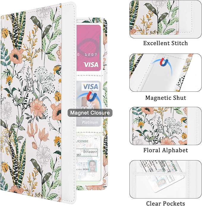 Car Registration and Insurance Holder, with Magnetic Closure for License, Cards and Documents, All Vehicle Needs and Car Accessories (Flower and Grass)