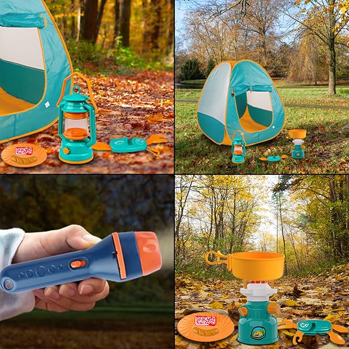 Qtioucp Kids Camping Set Pop Up Play Tent & Space Projector Flashlight- Outdoor Campfire Toy for Toddlers Kids - Pretend Play Camp Gear Tools for Birthday Christmas