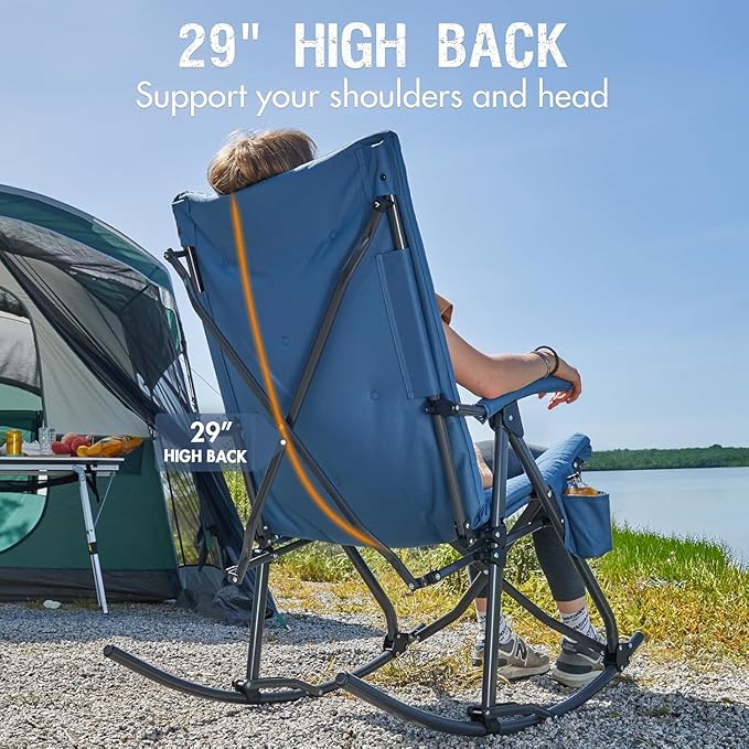 Portal Folding Rocking Camping Chair Outdoor - Thick Padded Rocking Recliner Chair Portable Camping Rocker for Patio Front Porch Backyard Lawn Living Room, Supports 400 LBS