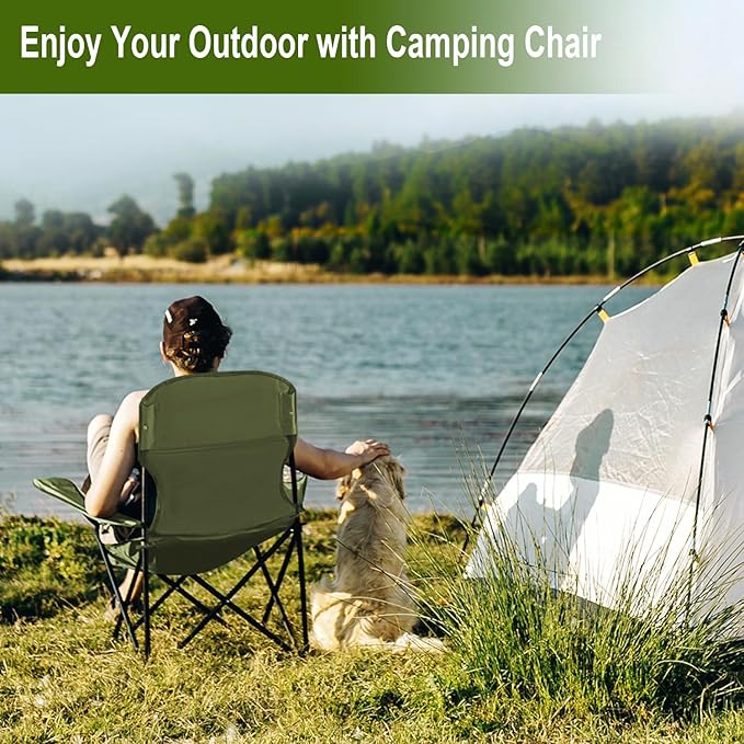 Folding Camping Collapsible Chairs Heavy Duty Lawn Chair with Cooler Bag, Storage Pocket, Waterproof Bag Outdoor Arm Chair, Supports 225LBS, Green