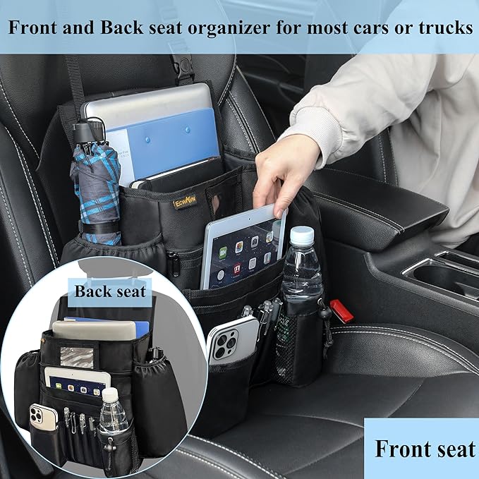 ECWKVN Car Front Seat Organizer - Car File Organizer, Passenger Seat Storage Bag Law Enforcement - Vehicle Storage with Dedicated Laptop Tablet Holder Cup Holder, Black