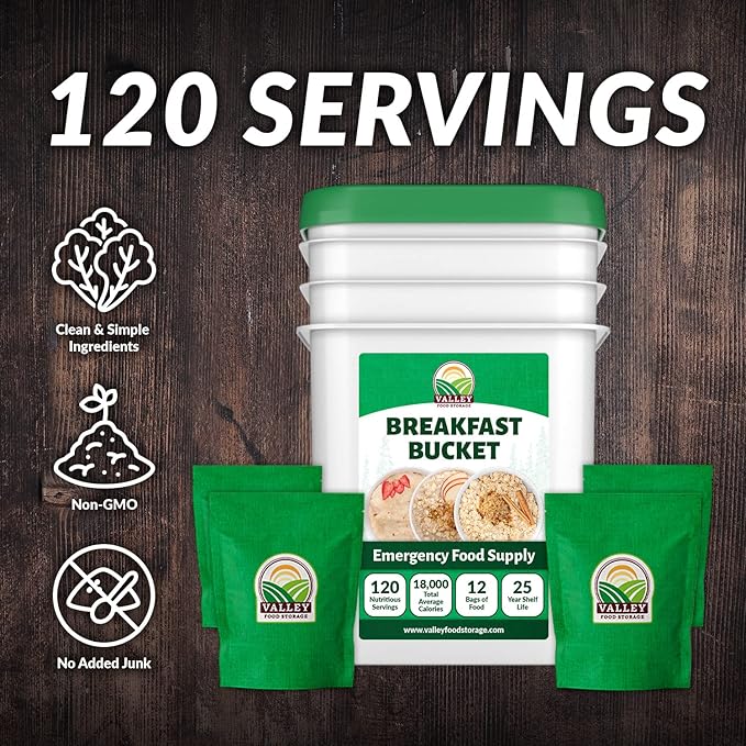 Valley Food Storage 120 Serving Breakfast Bucket | Emergency Food Supply with Easy Prep Breakfast Meals | 25 Year Shelf Life | Camping Food, Prepper Supplies & Long Term Storage | Packaged in USA