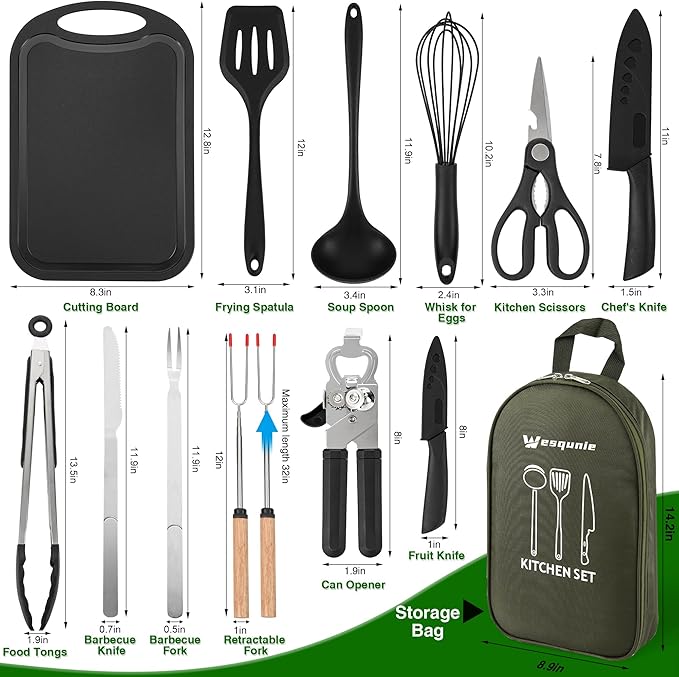 Camping Essentials Cookware Cooking Utensils Set - Portable Camp Kitchen Mess Kit Outdoor Accessories, Stainless Steel & Silicone, Camping Gear Equipment for RV Picnic Grill, Green