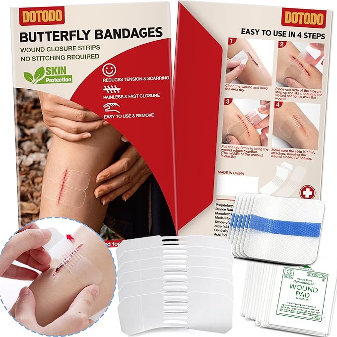 Emergency Wound Closure Strips - HSA or FSA Eligible - Dotodo 6PCS Laceration Closure Kit - Sutures Butterfly Bandaids | Stretchable & Shrinks Back to Close The Cut