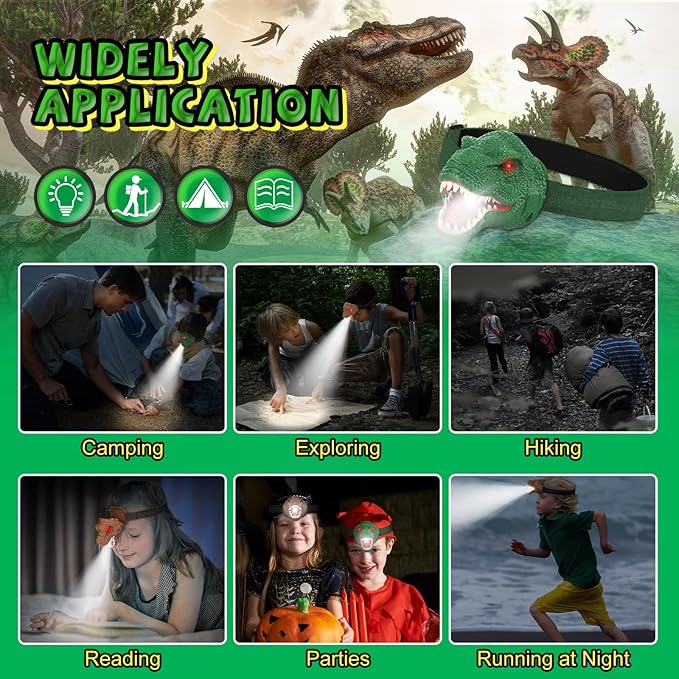 Nitigo Dinosaur Headlamp for Kids Flashlight Led Headlights Roar & Silent Mode, T-Rex Dinosaur Toys for Kids 3-5 4-6 5-7 6-8, Camping Gear, Easter Gifts for Boys Girls Adults