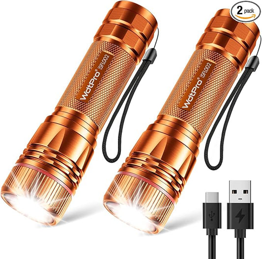 WdtPro Rechargeable Flashlights High Lumens, 2 Pack 10H Long Lasting Super Bright EDC Flashlight, LED Mini Tactical Flash Lights for Camping Emergency, Drop & Water Resistant Orange(Battery Included)