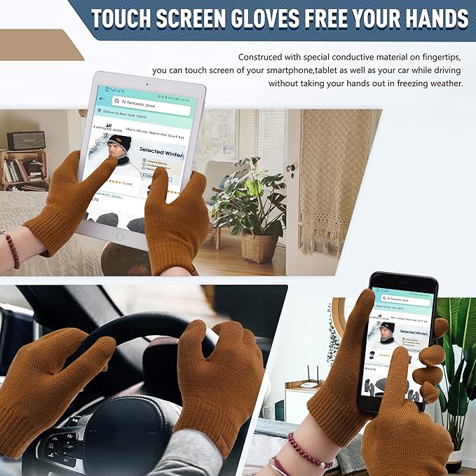 Winter Beanie Hat Scarf Touchscreen Gloves Set for Men and Women, Beanie Gloves Neck Warmer Set with Warm Knit Fleece Lined