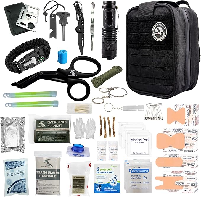 Survival Kit - Tactical Emergency Gear with Fire Starter, Paracord Bracelet Compass, Survival Blanket, Knife, Flashlight, Whistle, Glow Sticks & Saber Card - Compact 1000D Nylon Bag (Blank)