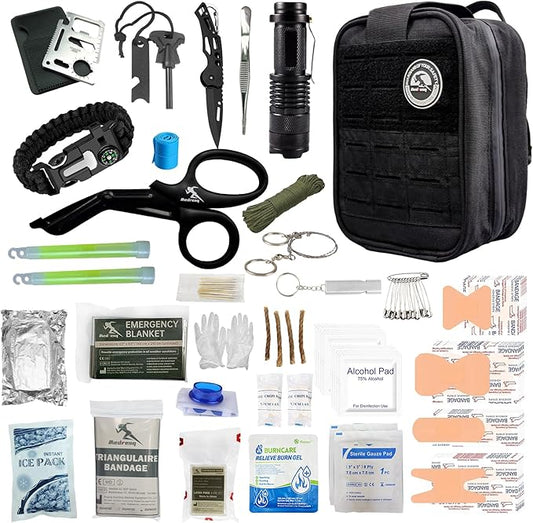 Survival Kit - Tactical Emergency Gear with Fire Starter, Paracord Bracelet Compass, Survival Blanket, Knife, Flashlight, Whistle, Glow Sticks & Saber Card - Compact 1000D Nylon Bag (Blank)