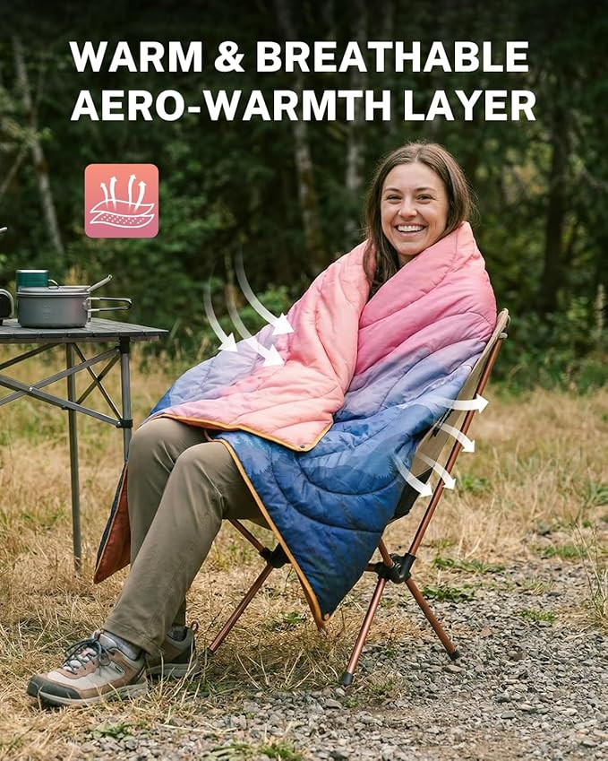 Gonex Camping Blanket with Aero-Warmth Breathable Layer - Puffy Printed Packable Blanket, Ultralight Wearable Water-Resistant Quilt, 79" X 55" for Camping, Beach, Hiking, Travel, Picnics(Sunset)