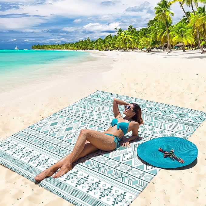 HIHOHO Beach Blanket Waterproof Sandproof Beach Mat for 1-8 Adults Quick Drying Durable Outdoor Picnic Mat for Beach Festival Travel Camping Hiking (Vintage-Green, 79"×83"(4 Person))