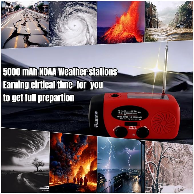 18500mWh/5000mAh Hand Crank Emergency Weather Radio, AM FM NOAA Solar Radio with Led Flashlight and Earphone Jack, Charger for Smartphone, Self Powered Radios with SOS Alarm