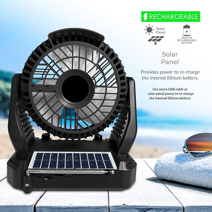 Supersonic SC-1076ERF Solar Powered Portable Fan with 6-Inch Fan Diameter, Adjustable 3 Wind Speed, Foldable Hanger Hook, LED Flashlight, Bluetooth, FM Radio, AUXUSB/mSD Inputs
