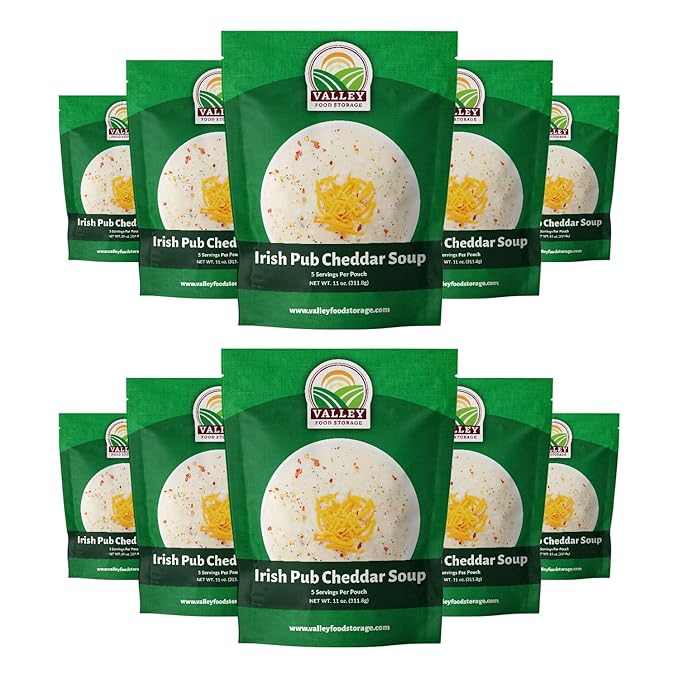 Valley Food Storage Irish Pub Cheddar Potato Soup 10-Bag Bucket, 50 Servings | Premium Non-GMO Emergency Food Supply with 25 Year Shelf Life | Survival Meals, Prepper Food, Camping & Off-Grid Supplies
