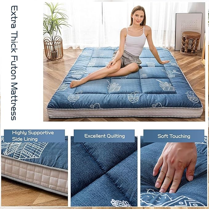MAXYOYO Grey Cactus Pattern Twin Size Futon Mattress, Quilted Bed Mattress Topper, Extra Thick Folding Sleeping Pad, Breathable Floor Lounger, Guest Bed for Camping, Couch