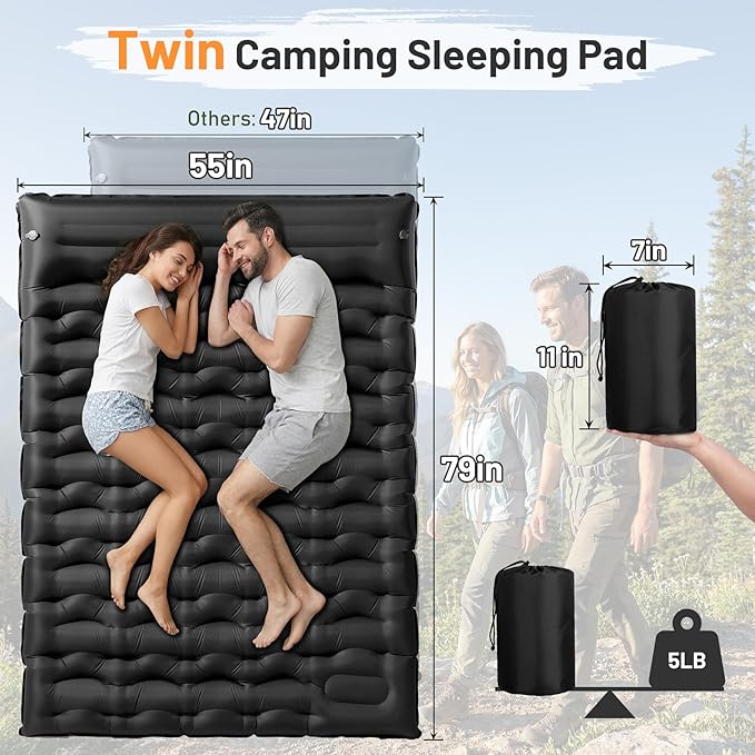 KASBAH Double Inflatable Camping Sleeping Pad,Thick 6 inch 2 Person Ultralight Sleeping Mat with Built-in Foot Pump and Pillow,Camping Essentials for Hiking,Backpacking,Traveling, Tent