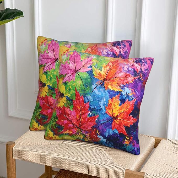 Colorful Maple Leaf Throw Pillow Covers 18x18 inch Set of 2 Autumn Pillow Case Cushion Cover for Home Sofa Couch Living Room Car Decor