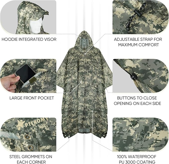 PTEROMY 3-in-1 Hooded Rain Poncho for Adult with Pocket, Waterproof Lightweight Unisex Raincoat for Hiking Camping Emergency