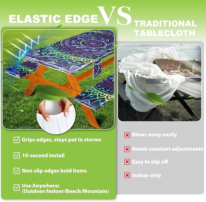 Picnic Table Cover with Bench Covers Vinyl Elastic Edges Fitted Rectangle Seat Tables Waterproof 3-Piece96X30in Set Outdoor Rectangular Folding Backing Tablecloth for Camping Over Size