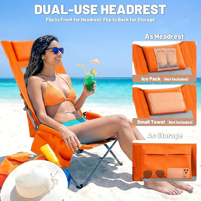Youtanic High Back Beach Camping Chair 2 Pack, Extra Wide Folding Outdoor Chair with Cooler Bag, Breathable Mesh & Dual-Use Pillow, Portable Lounge Seat for Adults, Sand, Sports, Picnic, Orange