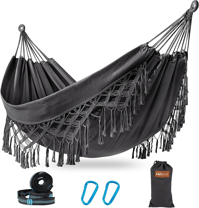 Lazy Daze Hammocks Double Brazilian Cotton Hammock, Extra Large Portable Outdoor Camping Hammock with Tree Straps & Travel Bag for Backyard Patio Poolside Indoor, 550lbs Capacity, Dark Gray