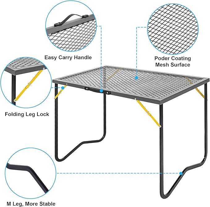 Portable Folding Grill Table, 3ft Outdoor Grill Table with Mesh Tabletop, Metal Grid Table for Camping, Picnic, BBQ, RV
