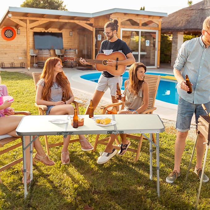 Outvita 4ft Portable Folding Picnic Table, Outdoor Waterproof 2 Level Adjustable Height Camping Table, Aluminum Lightweight Suitcase Foldable Table for Picnic BBQ Beach Dining