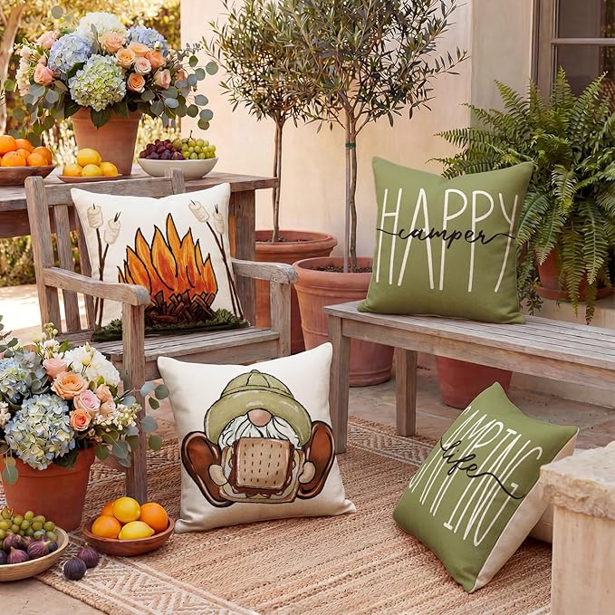 AVOIN colorlife Happy Camper Camping Life Outdoor Waterproof Throw Pillow Covers, 18 x 18 Inch Gnome S'More Campfire Decoration Holiday Cushion Cases for Home Patio Furniture Garden Set of 4