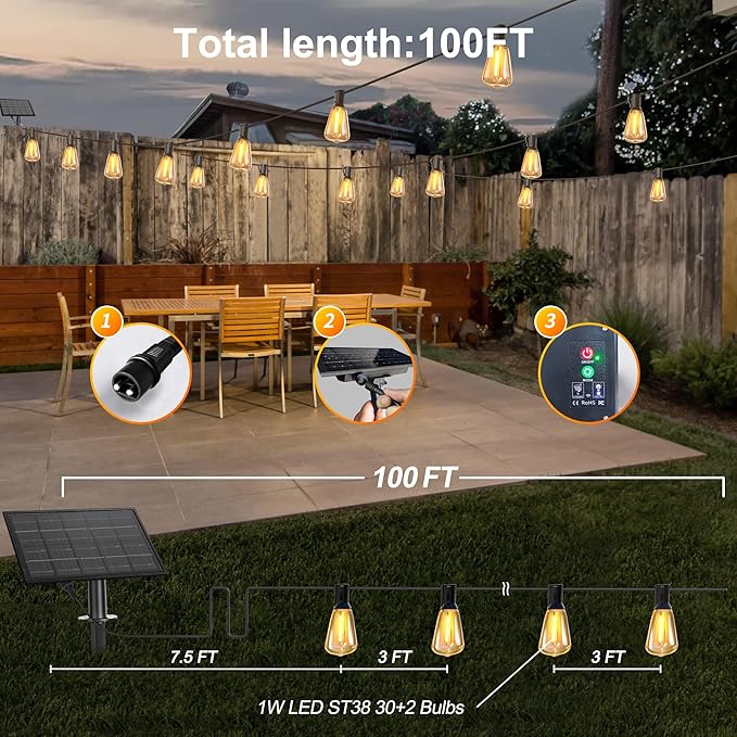BLIATLUS 100FT Solar String Lights Outdoor Waterproof with Remote Control Solar Patio Lights 30+2 shatterproof LED ST38 Bulbs for Porch Garden Market Bistro Patio Backyard Fence