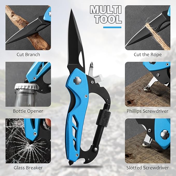 Multitool Carabiner with Pocket Knife, Stocking Stuffers Gifts for Men,6-in-1 Multi Tools with Window Breaker, Bottle Opener and Screwdriver, Survival Gear for Camping Hiking(Blue）