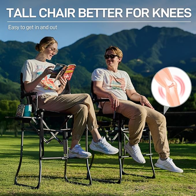 EVER ADVANCED Portable 30.7" Seat Height Tall Folding Camping Chair Directors Chair High Foldable Bar Stool with Side Table for Makeup Artist, Sports Event, Craft Show, Textilene Mesh, Supports 350LBS