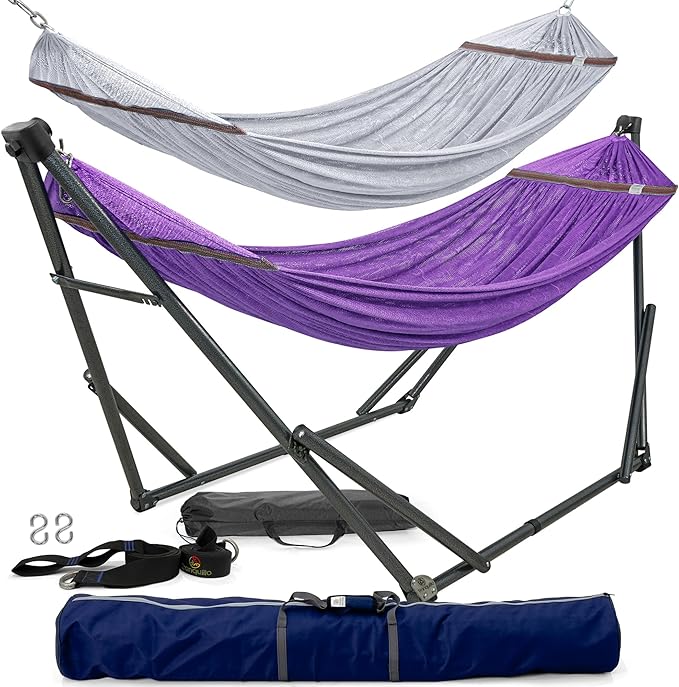 Tranquillo Combo x2 Hammocks with Stand for Outside & Tree Straps, Heavy Duty Hammock with Stand 600lbs for Indoor Outdoor Patio Backyard, x2 Hammocks for 2 Person (Combo - Purple, Medium)