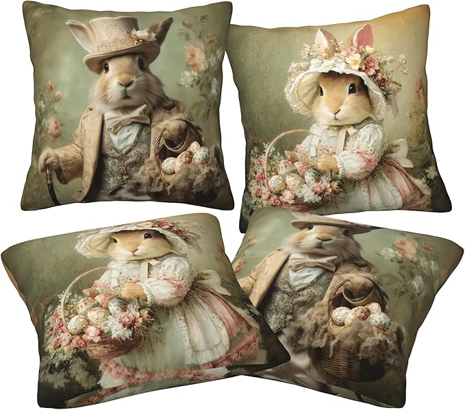 Easter Bunny Throw Pillow Covers 18 X 18 Inch Set of 4 Decorative Cushion Cover Home Decor for Sofa Chair Couch Bedroom Living Room