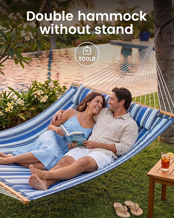 ANAGOO Double Quilted Outdoor Hammock for 2 Adults, 500lb Capacity Backyard & Camping Hammock with Pillow and Bamboo Spreader Bar, Fits 11–15ft Hammock Stands (Stand Not Included),Blue