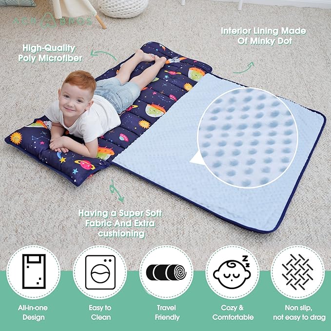 ACRABROS Toddler Nap Mat with Pillow and Blanket, Large Rolled Napping Mats,Slumber Bags for Boys Girls,Kids Sleeping Bag for Daycare, Preschool Travel