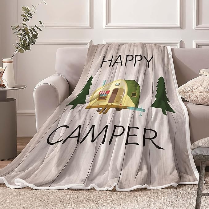 Camping Throw Blanket, Camping Gifts for Camper Outdoor Travel Trailer Blanket, Super Soft Comfy Fleece Flannel Throws Blankets for Couch Bed Sofa Living Room Bedroom Decor Beige 60X90 Inches