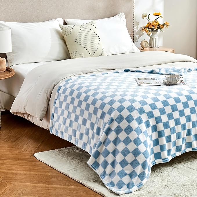 Edenleaf Checkered Blanket Flannel Throw Blankets Soft Cozy Checkered Grid Print Chessboard Gingham Pattern Throws for Bed Sofa Couch for All Seasons, 50x60 Inch, Blue