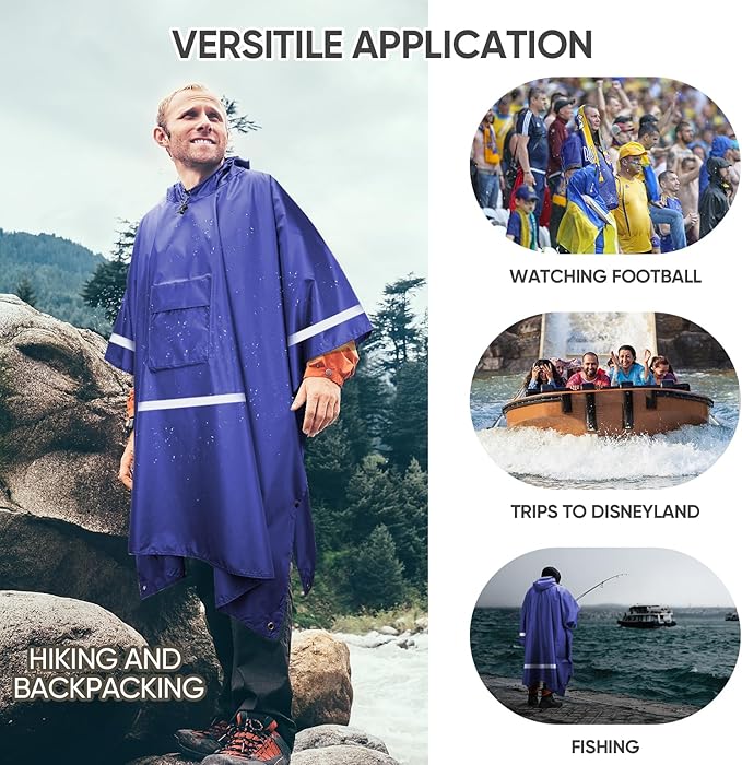 PTEROMY 3-in-1 Hooded Rain Poncho for Adult with Pocket, Waterproof Lightweight Unisex Raincoat for Hiking Camping Emergency