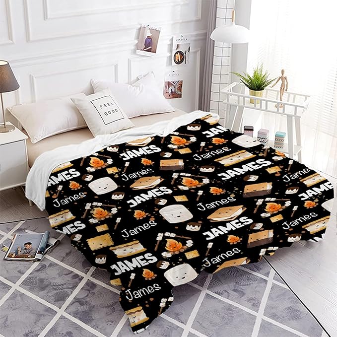 Custom S'Mores Blanket with Name | Personalized Marshmallow Blanket for Girls Boys | Ultra Soft Customized Cookie Throw for Couch/Sofa/Travel/Camping Home Decor - 50"x60"-Teens/Travel Size