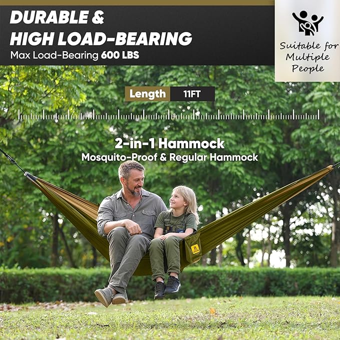 Camping Hammock with Mosquito Net, 600 lbs Portable Hammock with Tree Straps,2-in-1 Double/Single Travel Hammocks Tent for Outside/Indoor/Backpacking/Beach-Green&Khaki
