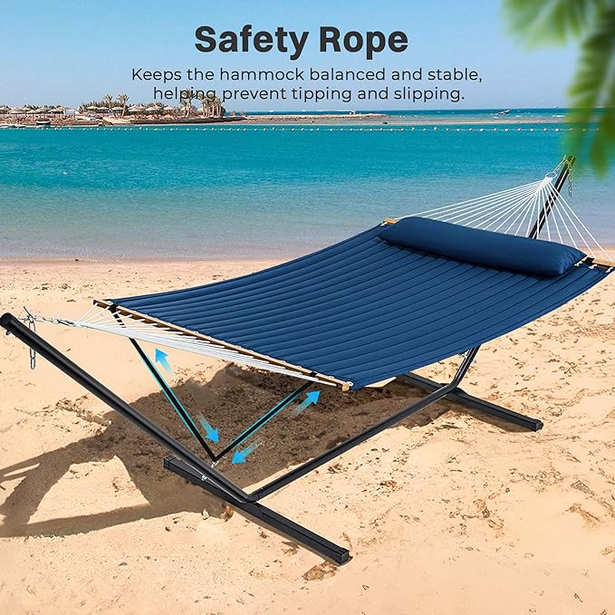 SUPERJARE Hammock with Stand, 2 Person Quilted Outdoor Hammock, Detachable Pillow & Bamboo Spreaders, Portable Hammock with Carrying Bag, Heavy Duty Stand, Perfect for Outside, Patio, Navy Blue