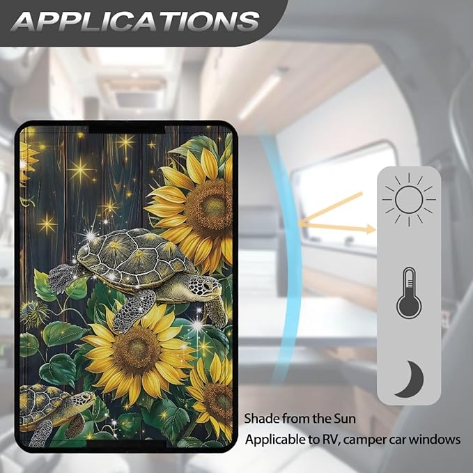 RV Door Window Shade Cover Blocking UV Rays & Heat Protection, Turtle Sunflower Portable Camper Trailer Door Blackout Windshield Cover, Foldable RV Accessories Sun Shade