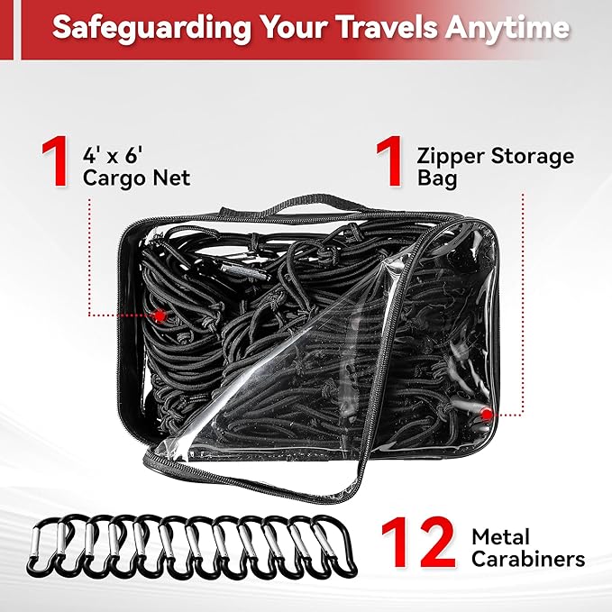 Reniteco Heavy-Duty 4'x6' Cargo Net Stretches to 8'x12' - Secures Heavy Loads with 12 Metal Carabiners, 4"x4" Mesh, Weather-Resistant & Includes Storage Bag for Trucks, SUVs, Jeeps, Trailers & Boats