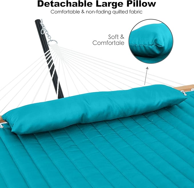 GAFETE 2 Person Hammock with Stand for Outside, Heavy Duty Steel Stand, Double 55inch Hammocks, Large Removable Pillow, Storage Bags, Max 475 lbs Capacity (Lake Aqua)