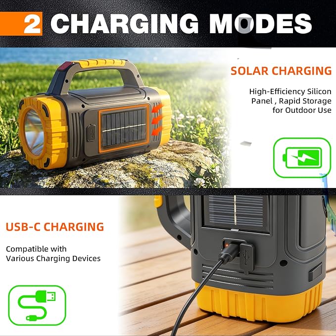 Solar Powered Flashlight Rechargeable, 8 Light Modes 2000mAh Battery 3000 Lumens USB LED Handheld Flashlights, Multi-Function Flashlight for Emergency Spotlight Camping Lantern Hiking (YELLOW)1PC