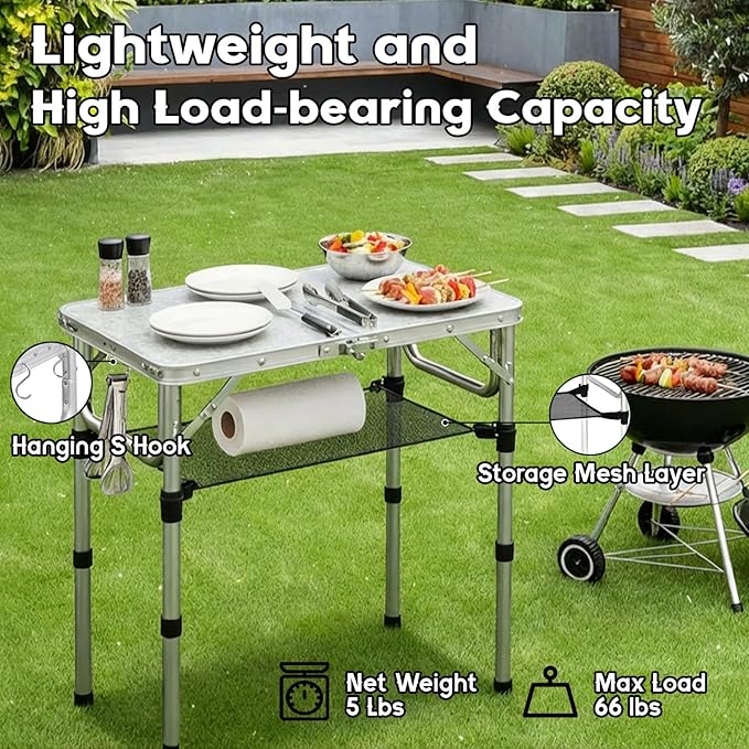 YihuiKo Folding Camping Table, Aluminum 24" x 16" Adjustable Height Max 27.5" with Carrying Handle, Lightweight, Portable Camping Table for Outdoor Indoor Picnic Beach, Silver